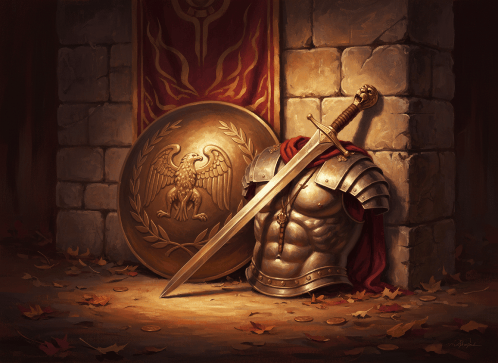 Ancient armor pieces arranged symbolically