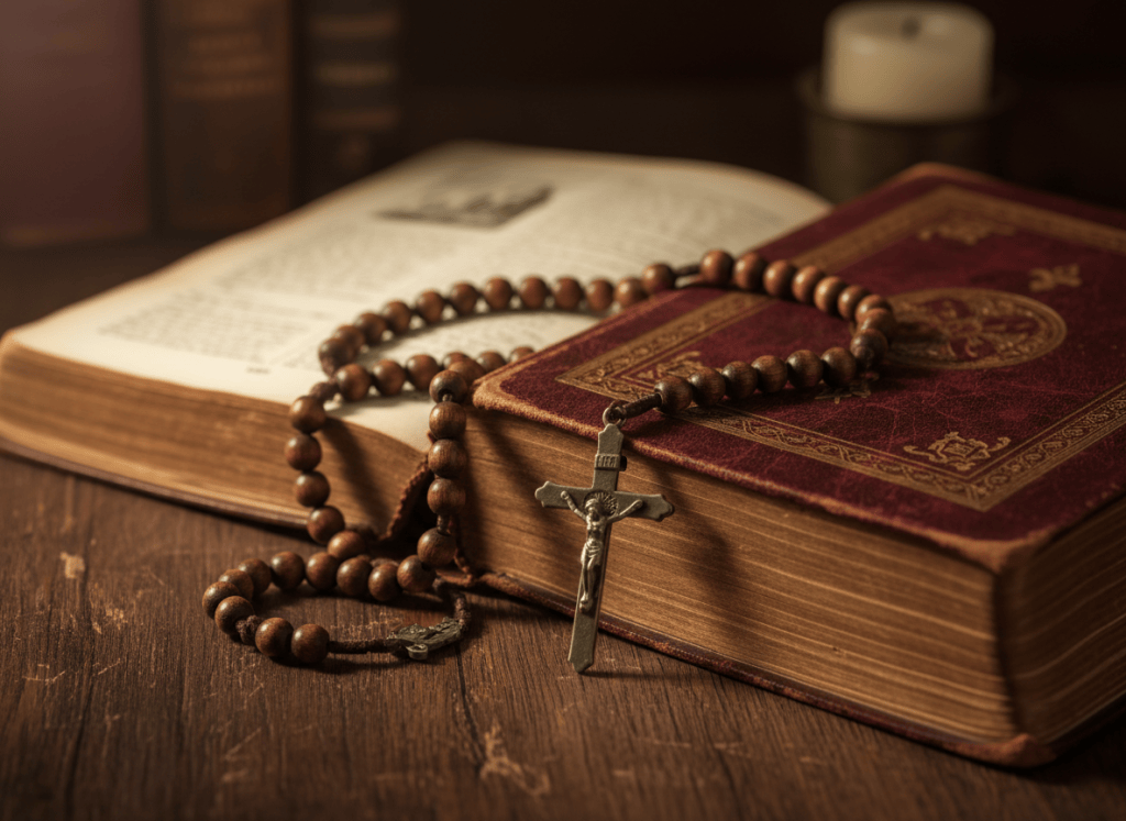 A wooden rosary draped over an open weathered Bible on a dark wood table, soft warm side lighting, deep burgundy and gold tones, shallow depth of field, quiet and reverent, no people, square-ish composition suitable for a card thumbnail